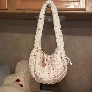 Cherry Embroidered Cream Quilted Shoulder Bag